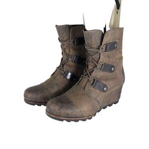 Sorel Women's Joan of Arctic US 11 Brown Leather Lace Up Wedge Mid-Calf Boots